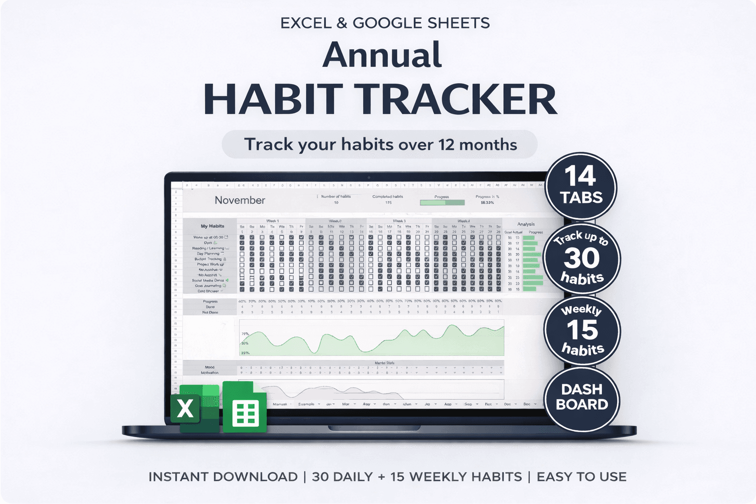 Habit Tracker for Google sheets & Excel — image 1